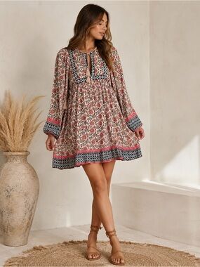Cleobella XS Floral Boho Mini Dress 100% Cotton Tassel Tie Peasant Sleeve